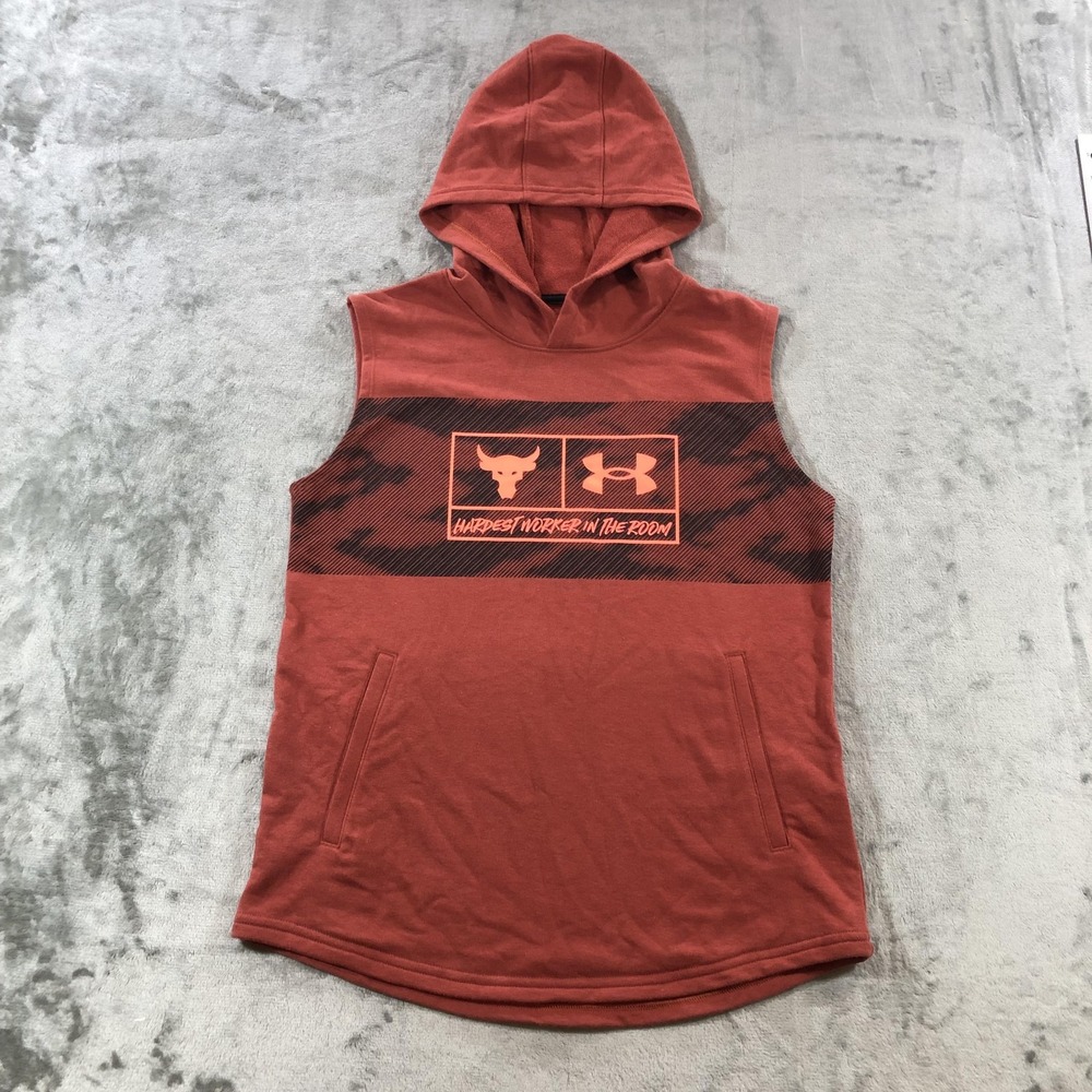 Under Armour Project Rock Hoodie Boys Large Orange Sleeveless Terry Graphic